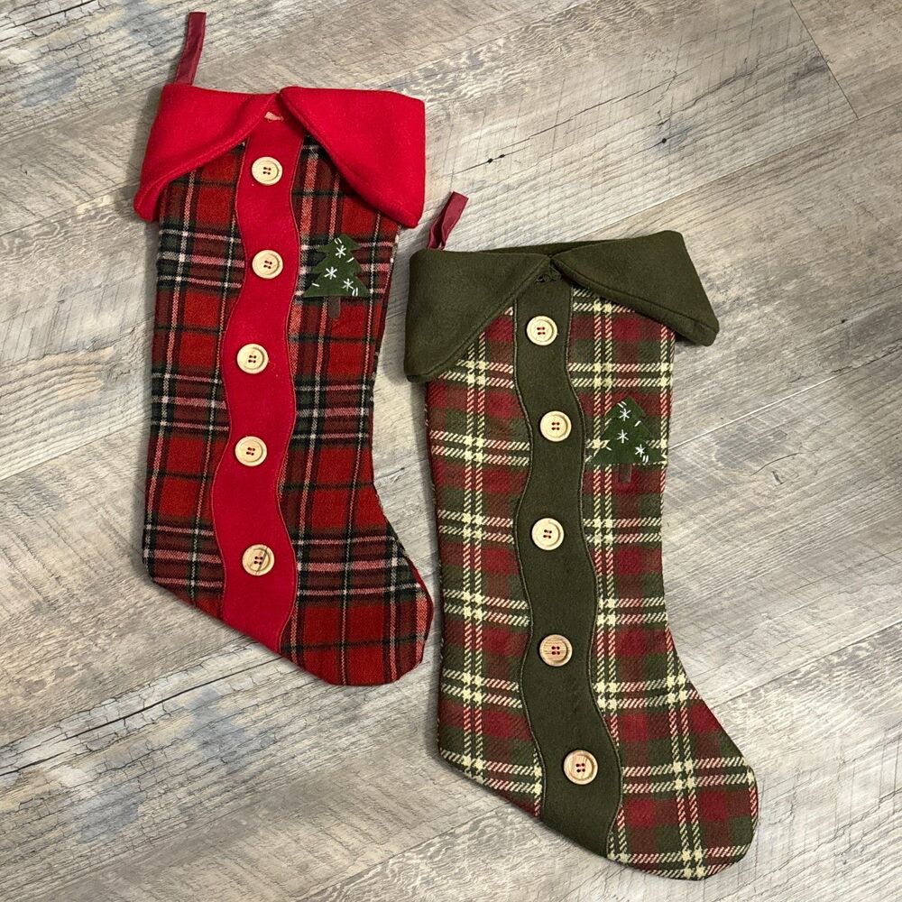 Set of 2 Christmas Stockings 18" Plaid Flannel Felt Rustic Farmhouse Style Decor